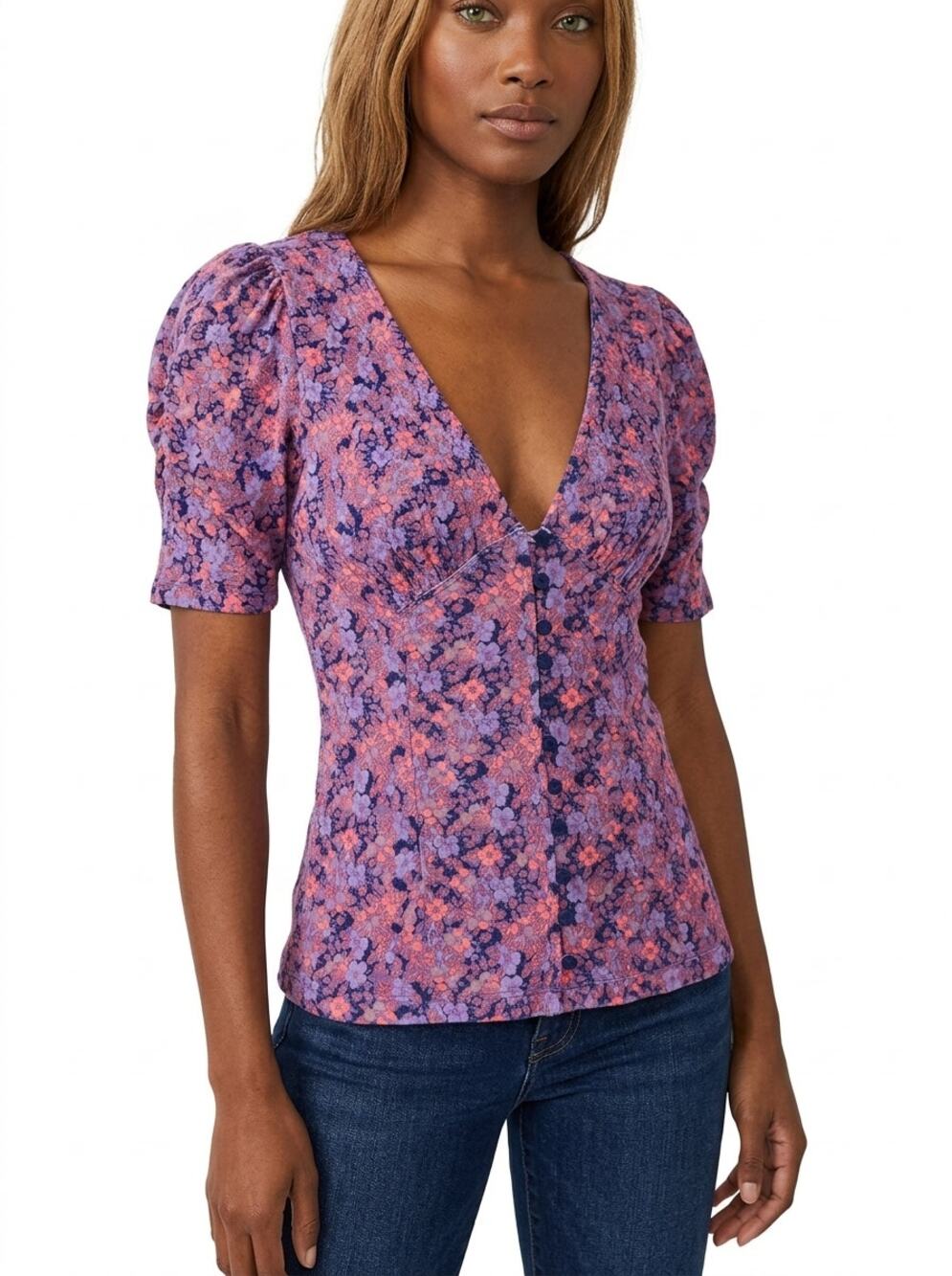 Free People Purple Floral V-Neck Knit Lightweight Blouse Women Size S/P